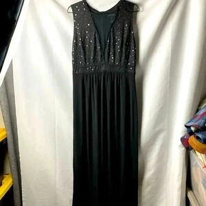 ENFOCUS WO SIZE 14 MAXI DRESS BLACK W/ FLORAL LACE SEQUIN BODICE BACK ZIPPER